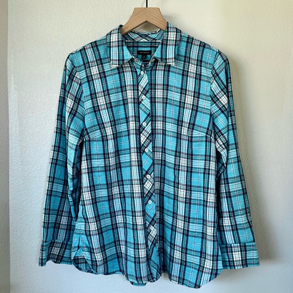 TALBOTS M S Festive Plaid Cotton Button Front Shirt • Dark Turquoise Metallic - Picture 4 of 11